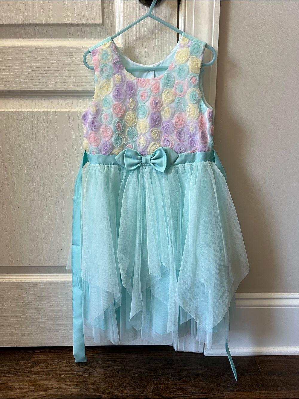 Jona Michelle Aqua Tulle Dress with Pastel Rosettes and Bow